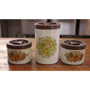Vtg BALLONOFF Retro Kitchen Vegetable Theme Tea Coffee Flour Metal Canisters
